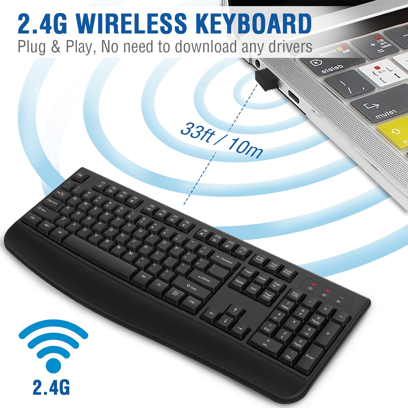 EDJO Wireless Keyboard, 2.4G Ergonomic Full Size Wireless Computer Keyboard with Wrist Rest for Windows, Mac OS Desktop/Laptop/PC（Black）