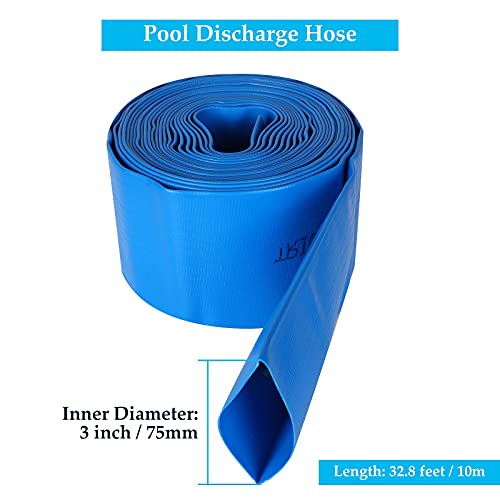 3.0" ID x 32.8' L Swimming Pool Backwash Hose, Weather Resistant Heavy Duty PVC Lay-Flat Water Discharge Hose, General Purpose Reinforced Pool Drain Hose, Great for Pool, Garden, etc