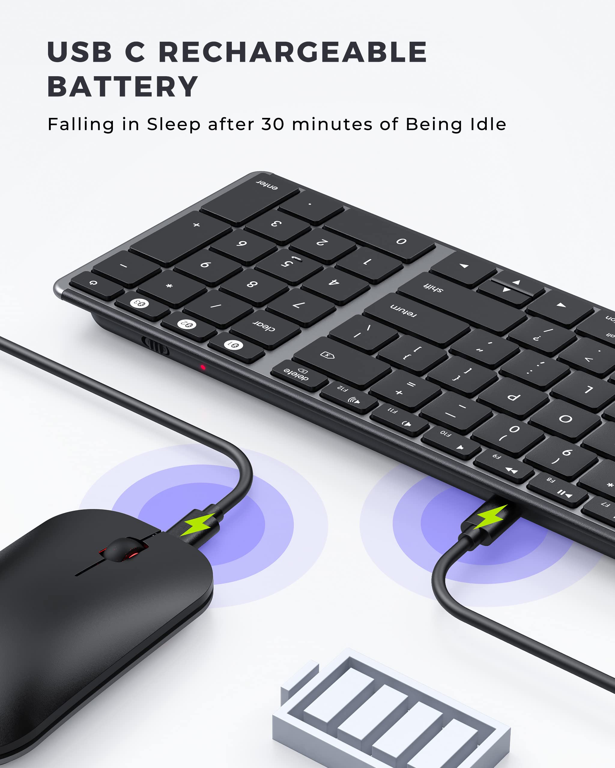 Wireless Bluetooth Keyboard and Mouse Compatible for Mac, seenda Stainless Steel Multi-Device Keyboard and Mouse Rechargeable with Number Pad, Compatible for Mac, iPad, iOS, Buetooth Keyboard