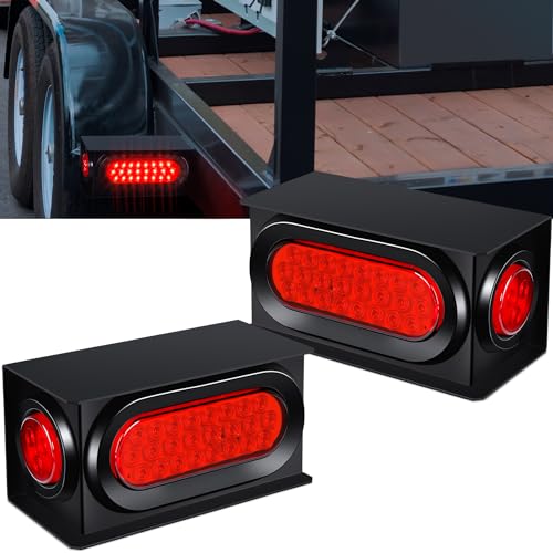 LINKITOM Trailer Lights Welded Mount Steel Boxes Kit w/6 inch LED Oval Tail Lights & 2 inch LED Red Round Side Lights w/Grommet wire connectors, 2 Pack