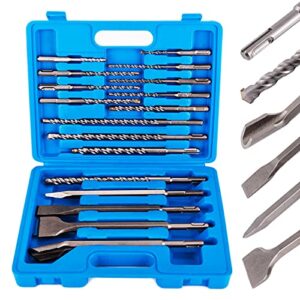 17pcs rotary hammer sds plus drill bits & chisel set, sds plus concrete masonry drill bit set with storage carrying case