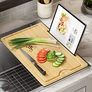 kraus solid bamboo cutting board with mobile device holder for standard kitchen sink or countertop (19 1/2 in. x 12 in.), kcbt-103bb
