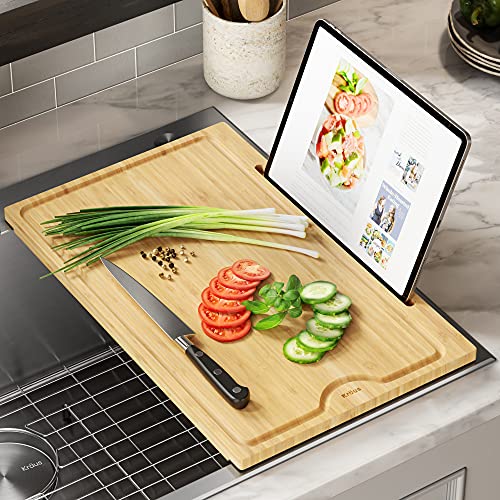 Kraus Solid Bamboo Cutting Board with Mobile Device Holder for Standard Kitchen Sink or Countertop (19 1/2 in. x 12 in.), KCBT-103BB