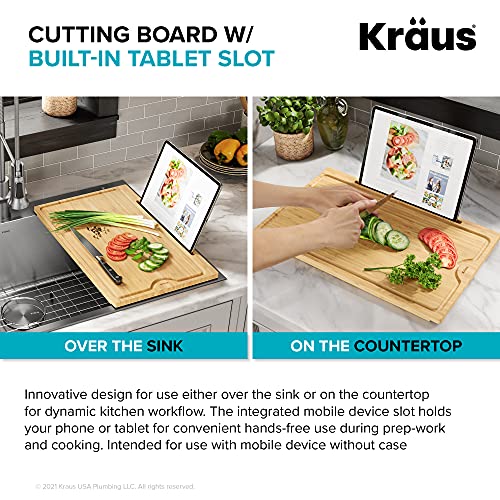 Kraus Solid Bamboo Cutting Board with Mobile Device Holder for Standard Kitchen Sink or Countertop (19 1/2 in. x 12 in.), KCBT-103BB