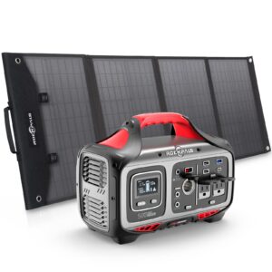 rockpals 500w solar generator with panels included, 505wh portable power station with sp003 100w foldable solar panel, 2 x pure sine wave 110v ac outlet for outdoors camping hunting rv trip home use