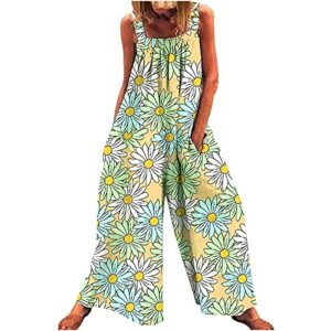 bravetoshop women baggy jumpsuit boho floral printed loose overalls wide leg pants long rompers with pockets (green,m)