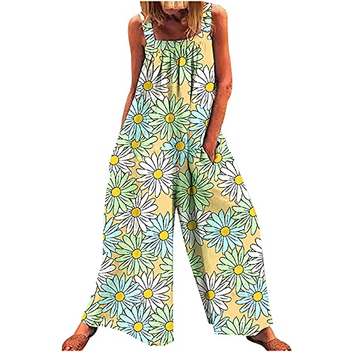 Bravetoshop Women Baggy Jumpsuit Boho Floral Printed Loose Overalls Wide Leg Pants Long Rompers with Pockets (Green,M)