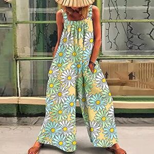 Bravetoshop Women Baggy Jumpsuit Boho Floral Printed Loose Overalls Wide Leg Pants Long Rompers with Pockets (Green,M)