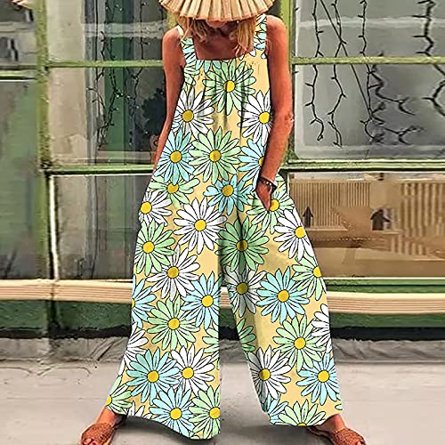 Bravetoshop Women Baggy Jumpsuit Boho Floral Printed Loose Overalls Wide Leg Pants Long Rompers with Pockets (Green,M)