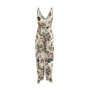 Bravetoshop Women's Summer Spaghetti Strap Jumpsuit V Neck Floral Print Sleeveless Wrap Long Pants Romper with Pockets (Beige,M)