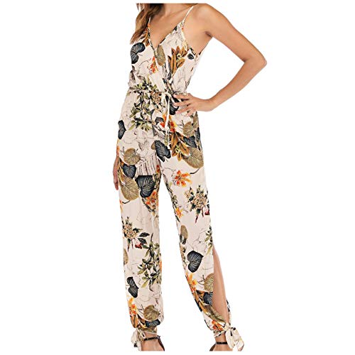 Bravetoshop Women's Summer Spaghetti Strap Jumpsuit V Neck Floral Print Sleeveless Wrap Long Pants Romper with Pockets (Beige,M)