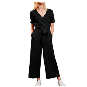 bravetoshop womens v neck wrap short sleeve jumpsuits casual solid color belted wide leg jumpsuit romper with pockets (black,m)