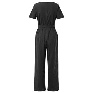 Bravetoshop Womens V Neck Wrap Short Sleeve Jumpsuits Casual Solid Color Belted Wide Leg Jumpsuit Romper with Pockets (Black,M)