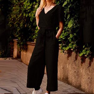 Bravetoshop Womens V Neck Wrap Short Sleeve Jumpsuits Casual Solid Color Belted Wide Leg Jumpsuit Romper with Pockets (Black,M)