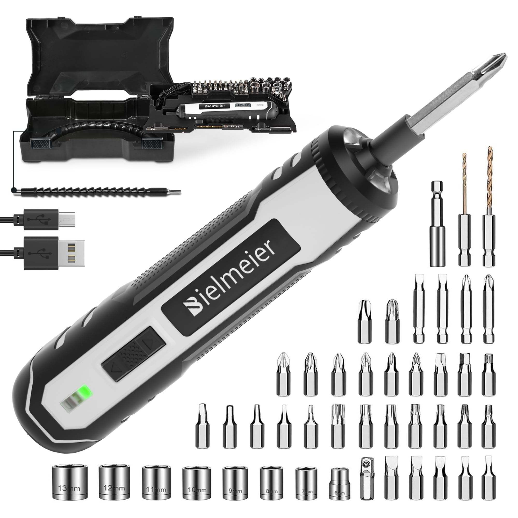 Bielmeier 4V Rechargeable Cordless Electric Screwdriver Kit, 44 Accessories Plus Flex Shaft, 6 Torque Settings, 5Nm, LED Light, Rechargeable Battery Power Electric Screwdrive Corrdless for Daily Work