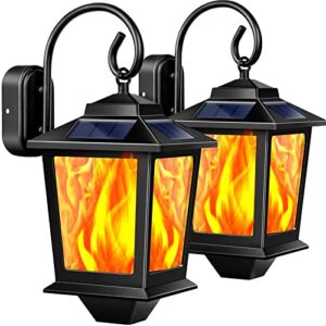 tomcare solar lights outdoor flickering flame metal solar lantern anti-rust waterproof solar wall lights hanging outdoor lighting solar powered decorative flame lights for patio porch yard, 2 pack