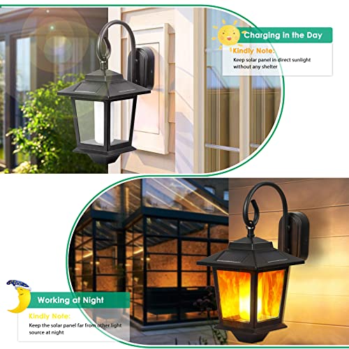 TomCare Solar Lights Outdoor Flickering Flame Metal Solar Lantern Anti-Rust Waterproof Solar Wall Lights Hanging Outdoor Lighting Solar Powered Decorative Flame Lights for Patio Porch Yard, 2 Pack