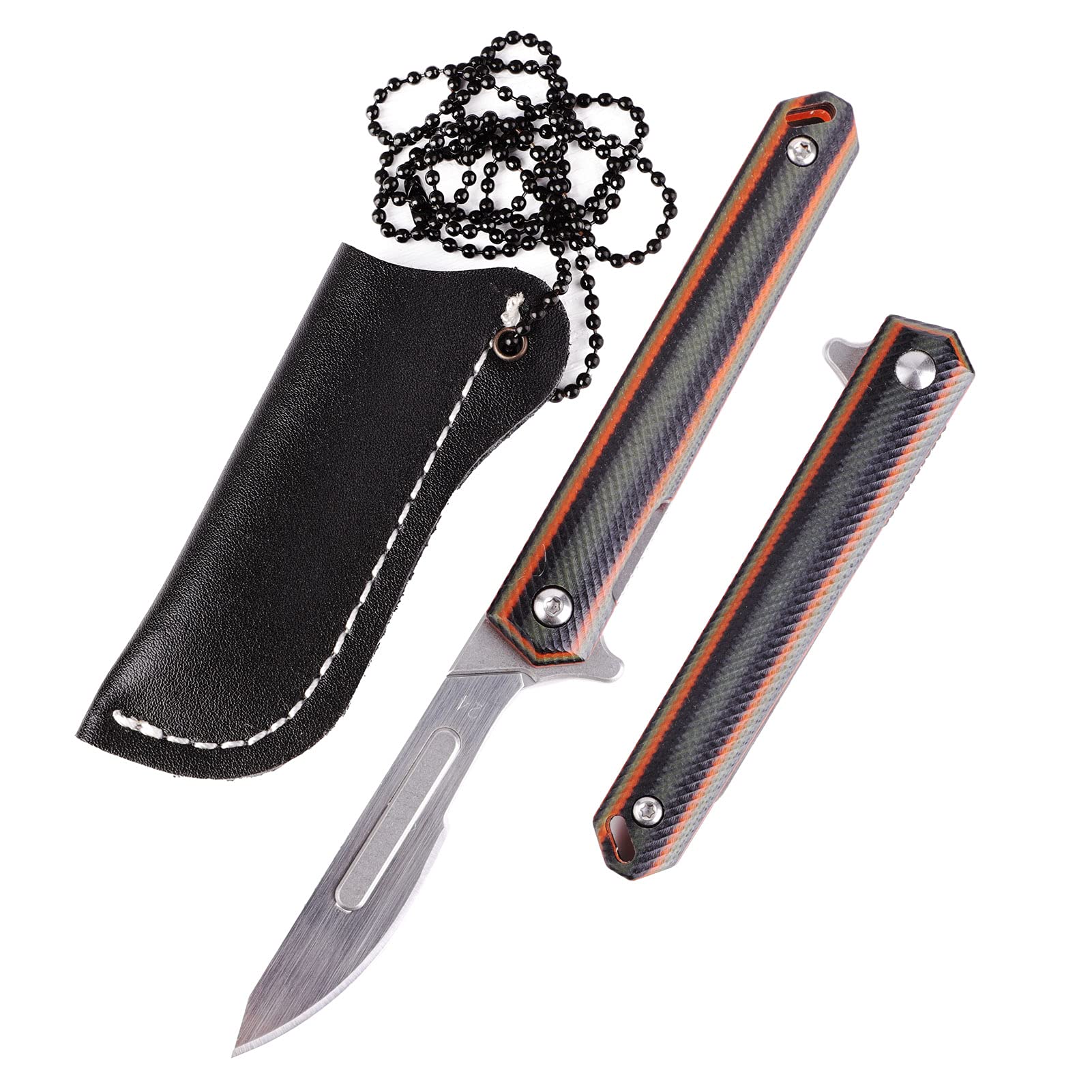 Samior S10 Mini Slim Flipper Folding Scalpel Neck Knife with 10pcs Blades, G10 Handle with Liner Lock, Utility EDC Keychain Pocket Knives with Leather Sheath (Multicolor)