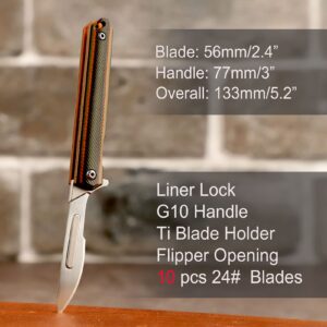 Samior S10 Mini Slim Flipper Folding Scalpel Neck Knife with 10pcs Blades, G10 Handle with Liner Lock, Utility EDC Keychain Pocket Knives with Leather Sheath (Multicolor)