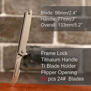 Samior S08 Mini Slim Flipper Folding Scalpel Neck Knife with 10pcs #24 Blades, Titanium Handle with Frame Lock, Utility EDC Keychain Pocket Knives with Leather Sheath