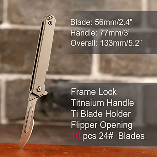 Samior S08 Mini Slim Flipper Folding Scalpel Neck Knife with 10pcs #24 Blades, Titanium Handle with Frame Lock, Utility EDC Keychain Pocket Knives with Leather Sheath