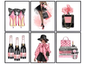 african americans wall decor - black wall art - glam wall art - designer perfume, handbags shoes - high fashion design set - pink glamour luxury couture wall decor for women, girls bedroom, teens room