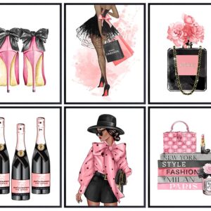 African Americans Wall Decor - Black Wall Art - Glam Wall Art - Designer Perfume, Handbags Shoes - High Fashion Design Set - Pink Glamour Luxury Couture Wall Decor for Women, Girls Bedroom, Teens Room