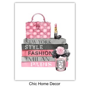 African Americans Wall Decor - Black Wall Art - Glam Wall Art - Designer Perfume, Handbags Shoes - High Fashion Design Set - Pink Glamour Luxury Couture Wall Decor for Women, Girls Bedroom, Teens Room