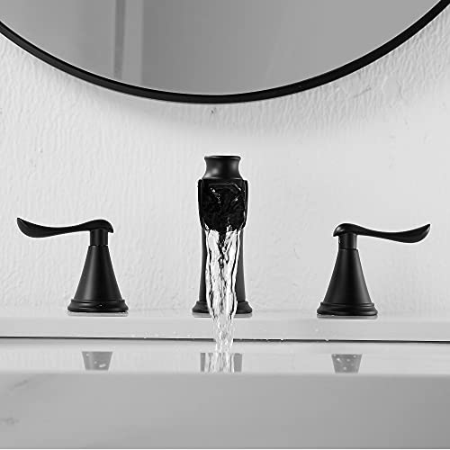 MYHB Bathroom Faucets for Sink 3 Hole Waterfall Black Bathroom Faucets for 8-16 inch Vanity with Pop Up Drain Stopper with Overflow, 3JT8012MB