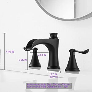 MYHB Bathroom Faucets for Sink 3 Hole Waterfall Black Bathroom Faucets for 8-16 inch Vanity with Pop Up Drain Stopper with Overflow, 3JT8012MB