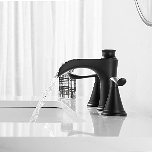 MYHB Bathroom Faucets for Sink 3 Hole Waterfall Black Bathroom Faucets for 8-16 inch Vanity with Pop Up Drain Stopper with Overflow, 3JT8012MB