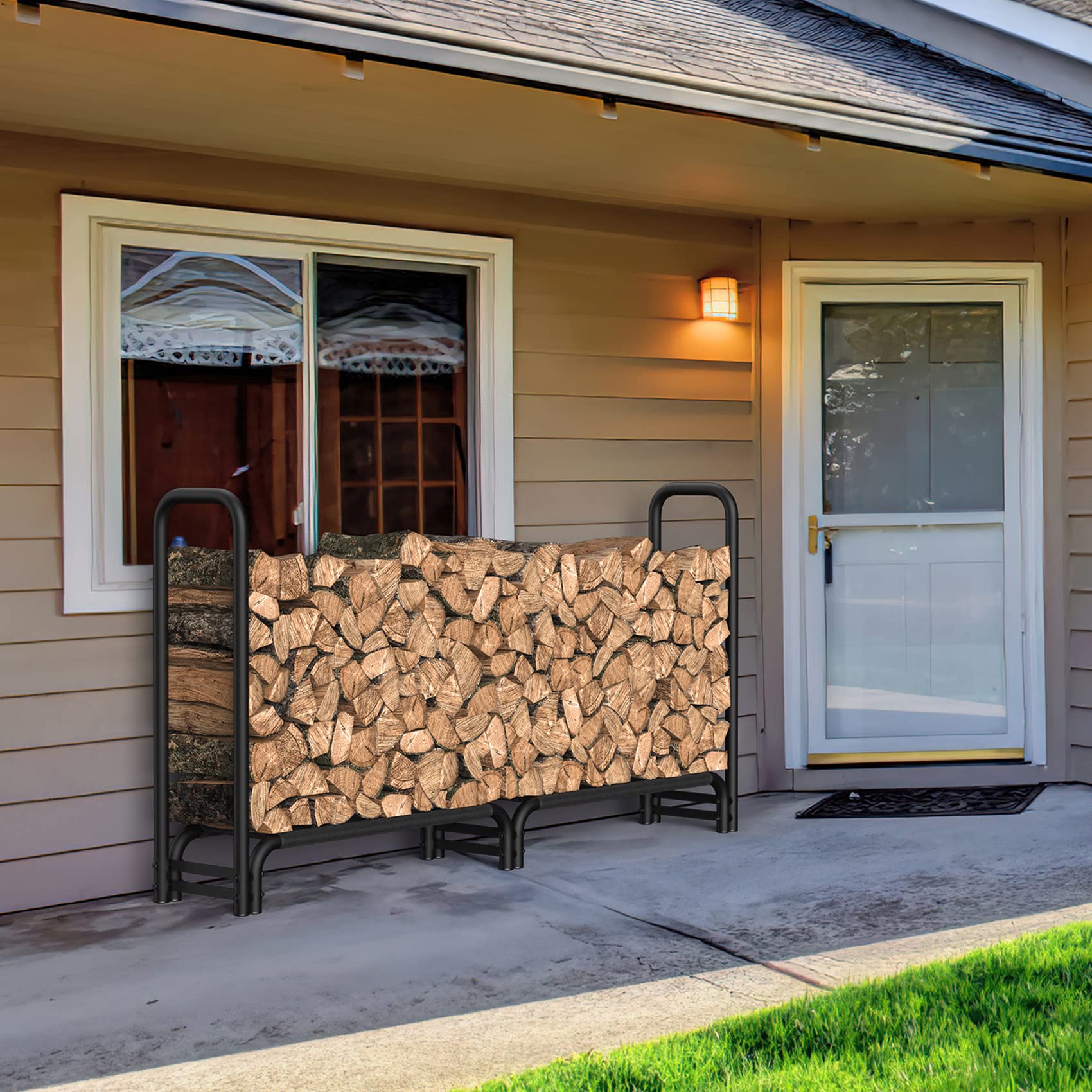 Mr IRONSTONE 8ft Firewood Rack outdoor with Mesh Base, For Store Logs of Various Size, Fireplace Wood Storage indoor for Courtyard, Patio (Capacity 650 lbs)