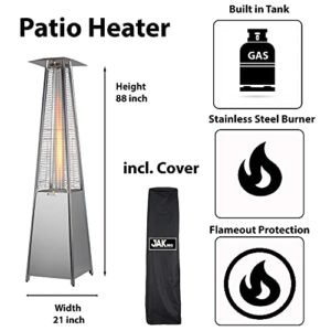 JAK BBQ J 6000 Pyramid Patio Heater 42,000 BTU Pyramid Flame Patio Outdoor Heater with Cover Glass Tube Steel Propane Heater with Wheels outdoor heater