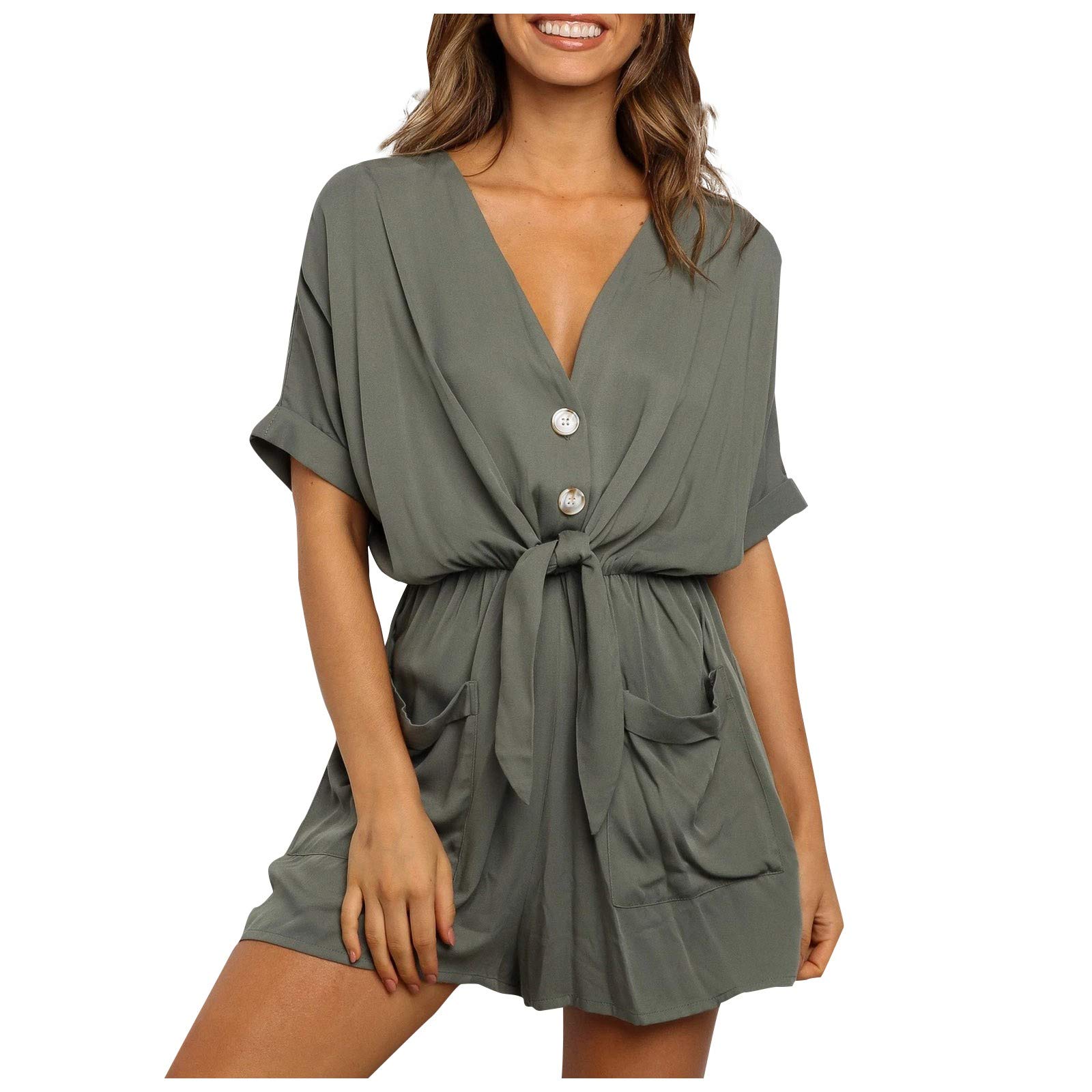 Bravetoshop Women's Rompers Sexy Short Sleeve Elegant Button Down V Neck Casual Short Jumpsuit with Pockets (Green,S)