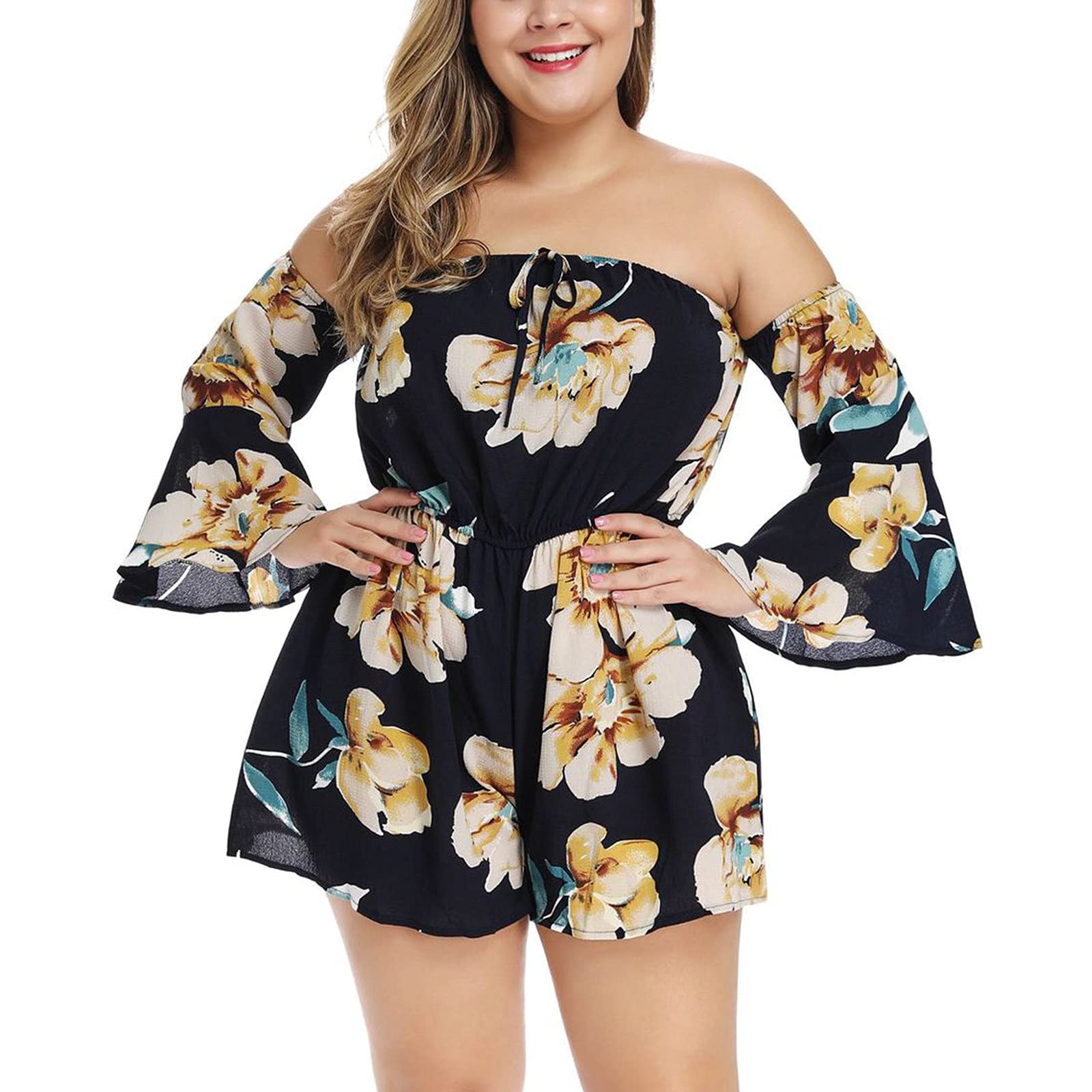 Bravetoshop Women's Plus Size Rompers Boho Off Shoulder Bell Sleeve Summer Floral Print Strapless Shorts Jumpsuit (Black,XXL)