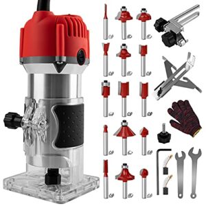 800w compact wood router tool, portable handheld palm router woodworking,electric trimmer wood router with 15pcs router bits,wood laminate router for woodworking handicraft and diy