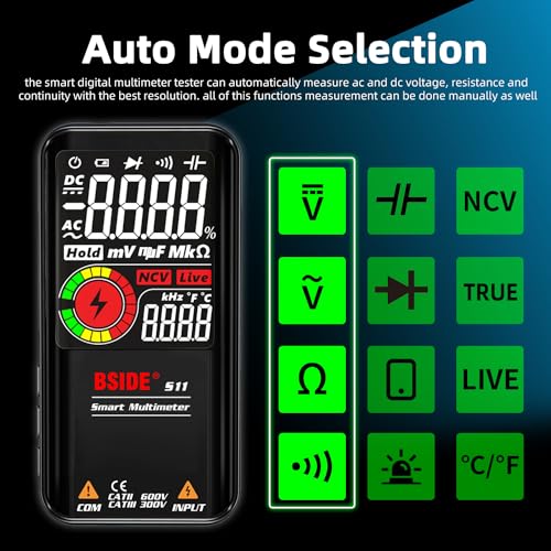 BSIDE Digital Multimeter Color LCD 3 Results Display 9999 Counts Voltmeter Rechargeable with Smart Mode Capacitance Hz Diode Duty Cycle Voltage Tester