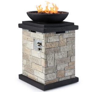 avawing propane firebowl column, 40000 btu outdoor gas fire pit, compact ledgestone firepit table with lava rocks and rain cover