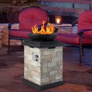 AVAWING Propane Firebowl Column, 40000 BTU Outdoor Gas Fire Pit, Compact Ledgestone Firepit Table with Lava Rocks and Rain Cover