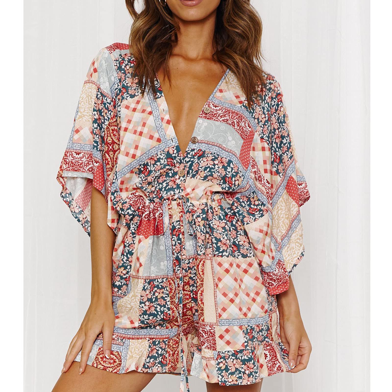 Bravetoshop Women's Boho Floral Print Romper Sexy Deep V Neck Batwing Sleeve Drawstring Waist Short Jumpsuits (Pink,XL)