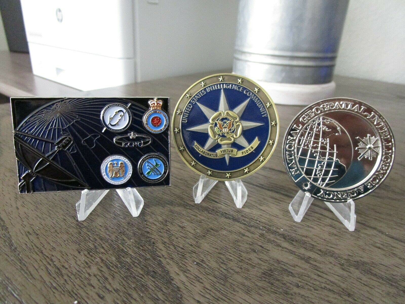 Lot of 3 Intelligence Challenge Coins NGA IC FVEY NSA Five Eyes Intelligence Community Grim Reaper National Geospatial Agency