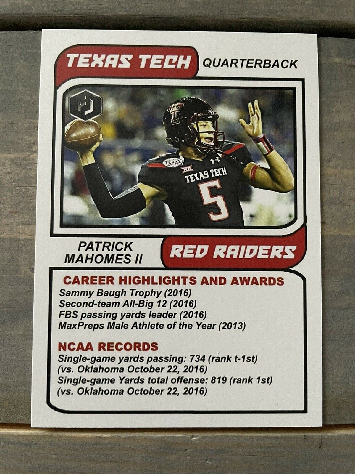 Patrick Mahomes II Rookie Card RC 2016 Future Jerseys College Card Texas Tech Red Raiders KC Chiefs