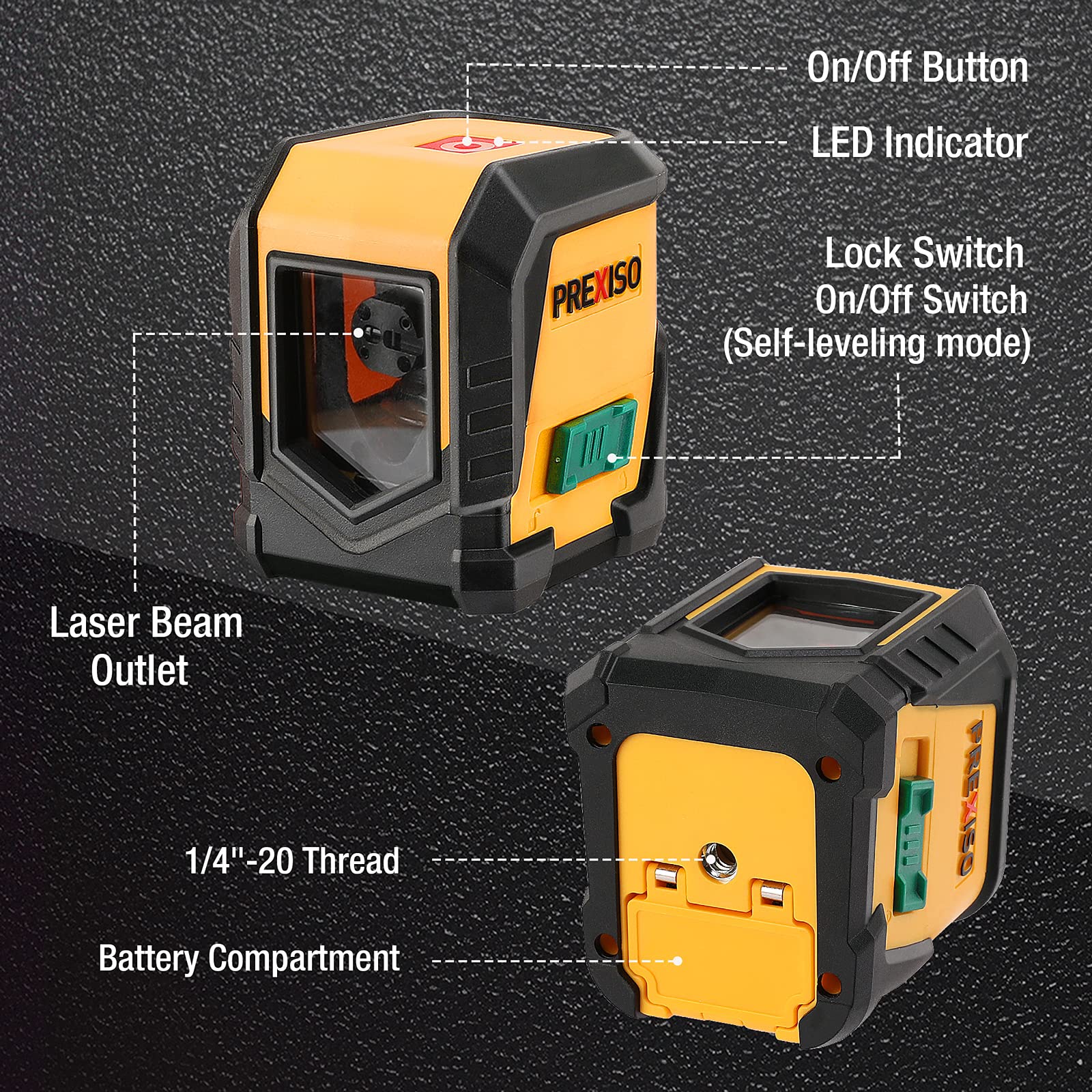 PREXISO Laser Level, 65Ft Self Leveling Cross Line Laser Level, Green Line leveler Tool for Hanging Picture, Floor Tile, Home Renovation with LED Indicator & 2 AA Batteries (360°Clamp)