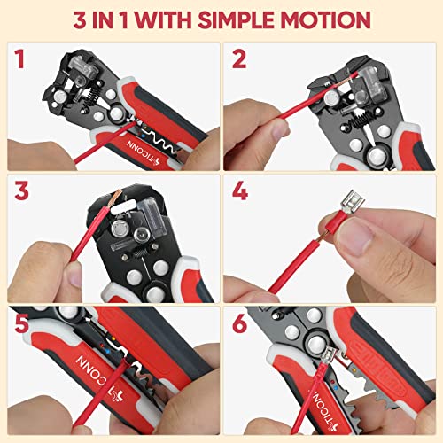 TICONN Automatic Wire Stripper Tool, 3 in 1 Wire Cutters Crimper Pliers Electrician Tools for 24–10 AWG Wire Stripping, Cutting and Crimping (Red)