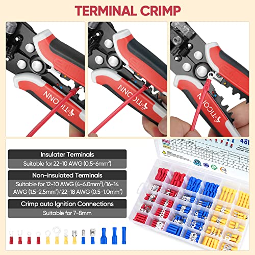 TICONN Automatic Wire Stripper Tool, 3 in 1 Wire Cutters Crimper Pliers Electrician Tools for 24–10 AWG Wire Stripping, Cutting and Crimping (Red)