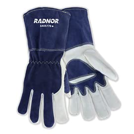 radnor x-large 13 1/4" navy blue and white premium top grain cowhide fleece lined mig welders gloves (1 pairs)
