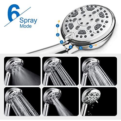 Shower Head, High Pressure 6-Setting Handheld Shower Head, Astomi Chrome Showerhead with 71 Inches Stainless Steel Hose and Adjustable Bracket