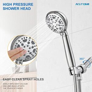 Shower Head, High Pressure 6-Setting Handheld Shower Head, Astomi Chrome Showerhead with 71 Inches Stainless Steel Hose and Adjustable Bracket