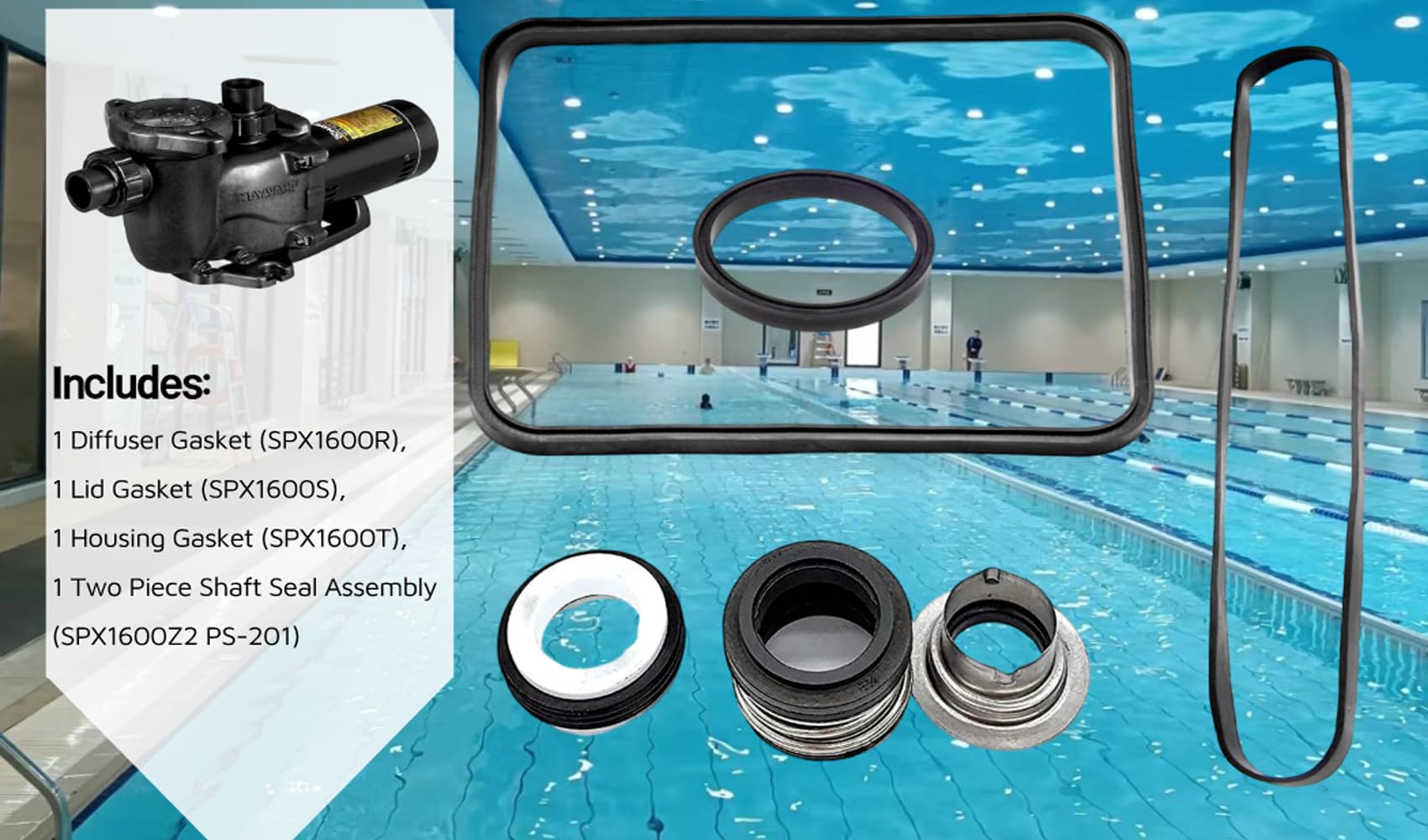 HCLLPS Super Pump Seal Replacement for Hayward Go Kit 3. All 3 Gaskets & Shaft Seal. Fits All SP1600, SP2600 in Regular, X, VSP Models. SPX1600TRA SP1600Z2 PS-201 SPX1600R SPX1600S SPX1600T Pool