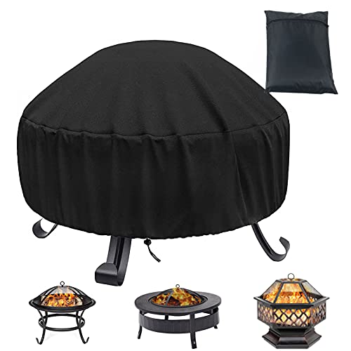 JCOLUSHI Fire Pit Cover Round, Fire Pit Covers for 22 inch -34 inch Fire Pit, 600D Silver Coated Polyester Oxford Fabrics, Waterproof Firepit Covers Round, Dustproof and Anti UV, Black